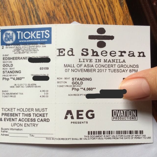 ED SHEERAN GOLD AND PATRON C TICKETS DIVIDE TOUR MANILA, Tickets