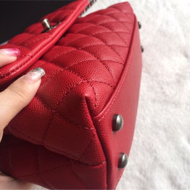 chanel coco handle mini 24cm正红色荔枝皮金扣银扣肩背斜背包