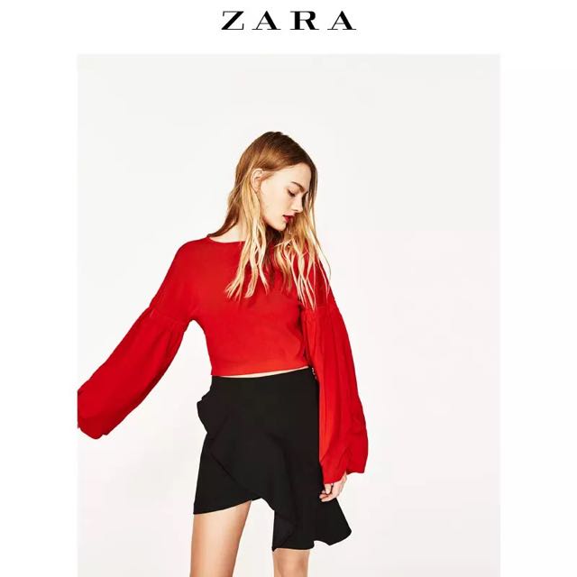 Zara Red Knit Ruffled Flare Sleeve Top 
