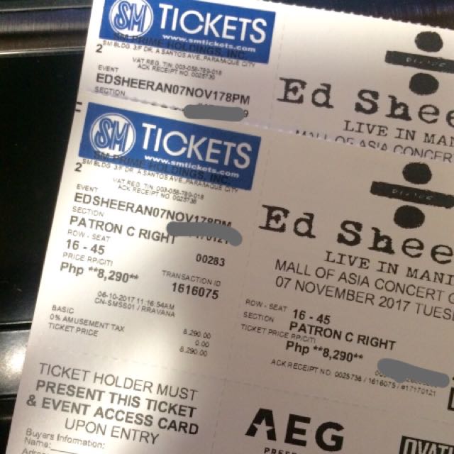 ED SHEERAN GOLD AND PATRON C TICKETS DIVIDE TOUR MANILA, Tickets