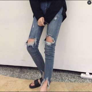 抓破牛仔8分褲