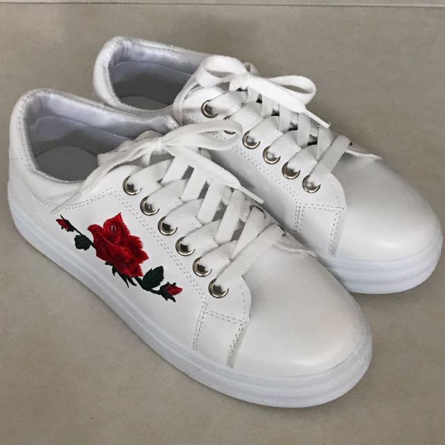white shoes with rose embroidery