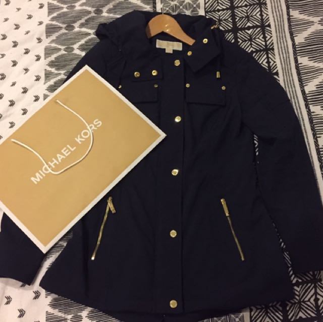 Authentic Michael Kors Navy Blue Hooded Jacket Coat With Gold