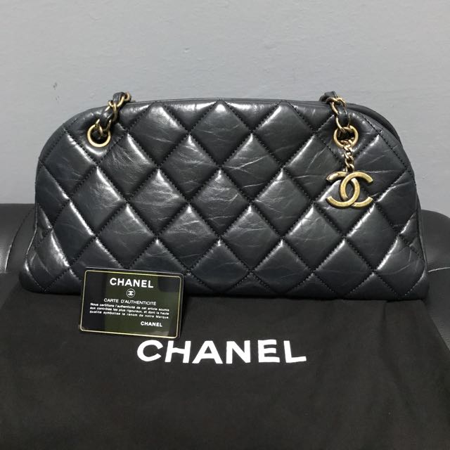 Chanel Just Mademoiselle Maxi Iridescent Leather Bowling Bag Black