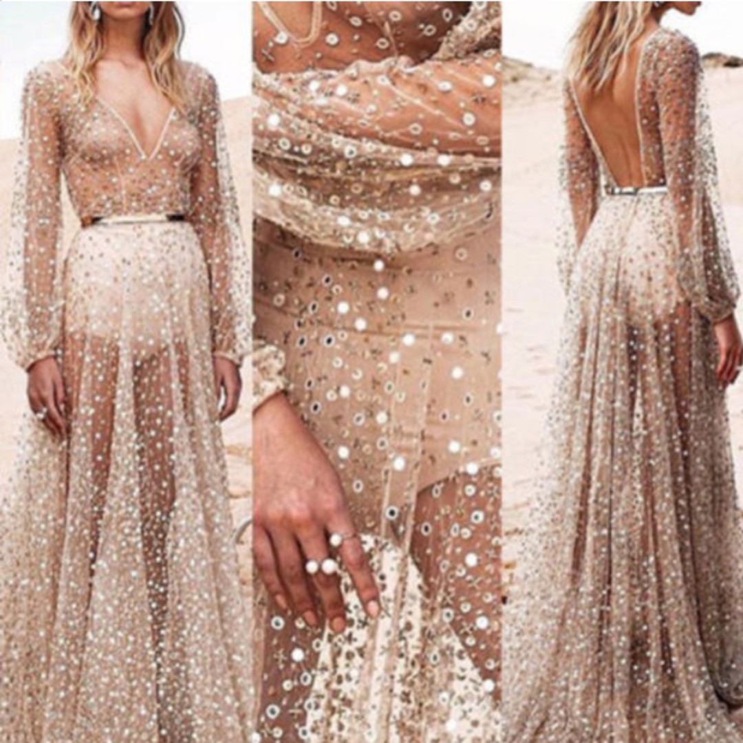 Sheer Glitter Maxi Dress With long 