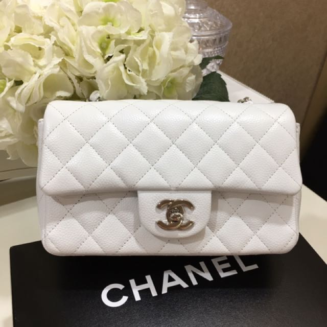 Chanel Mini Square, White Caviar Leather, Silver Hardware