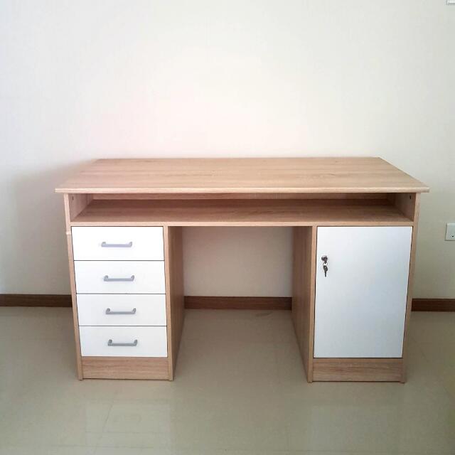 White colour wooden study table with drawers and lockers