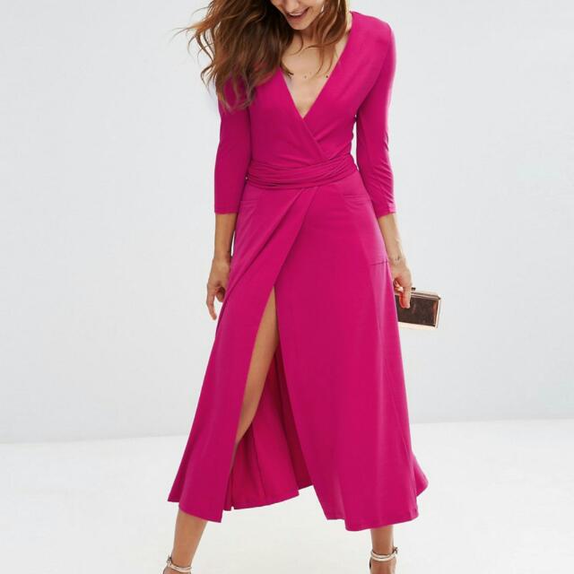 Fuchsia Pink Wrap Dress, Women's Fashion, Tops, Sleeveless on Carousell