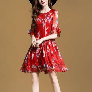 Round Neck Printed Chiffon Flare Dress