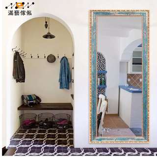 〈滿藝設計傢俬〉865 地中海風格 奢華藍色實木穿衣鏡 歐式復古全身大鏡子服裝店試衣鏡