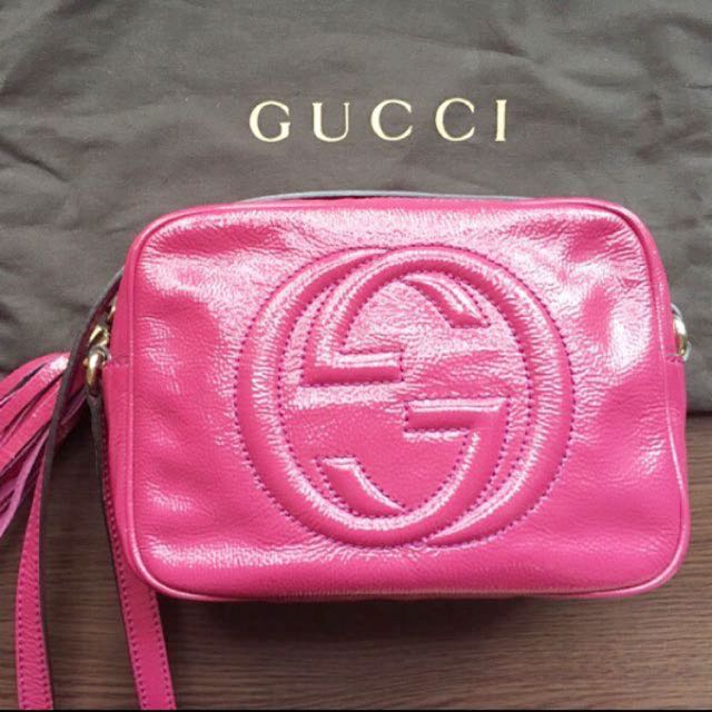 汉神巨蛋专柜购入」gucci soho disco 桃红色漆皮流苏 侧背包/斜背包