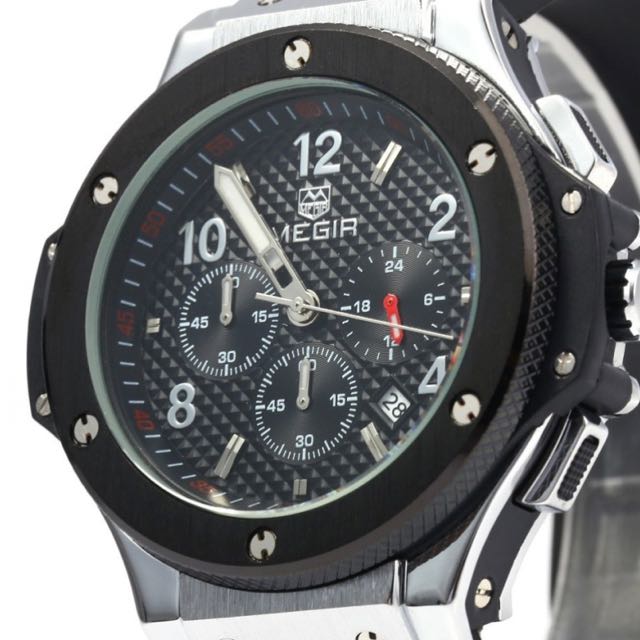 MEGIR 3002G Male Quartz Watch Silicone Band Luminous Pointer Black