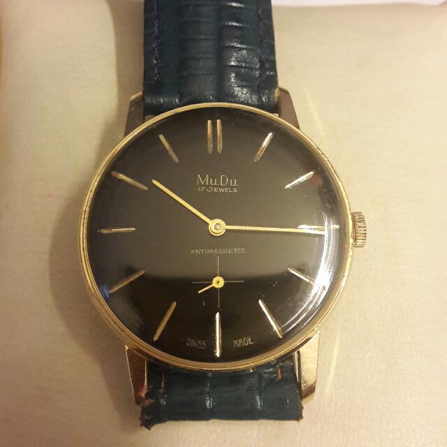MEN S VINTAGE MUDU SUB SECOND 10k GOLD PLATED BLACK DIAL SWISS