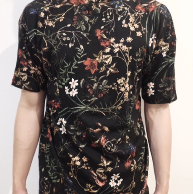 Zara Men Black Floral Pattern T-Shirt 