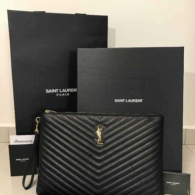 Saint Laurent Monogram Ysl Large Chevron Quilted Flat Wristlet Pouch Bag in  Black