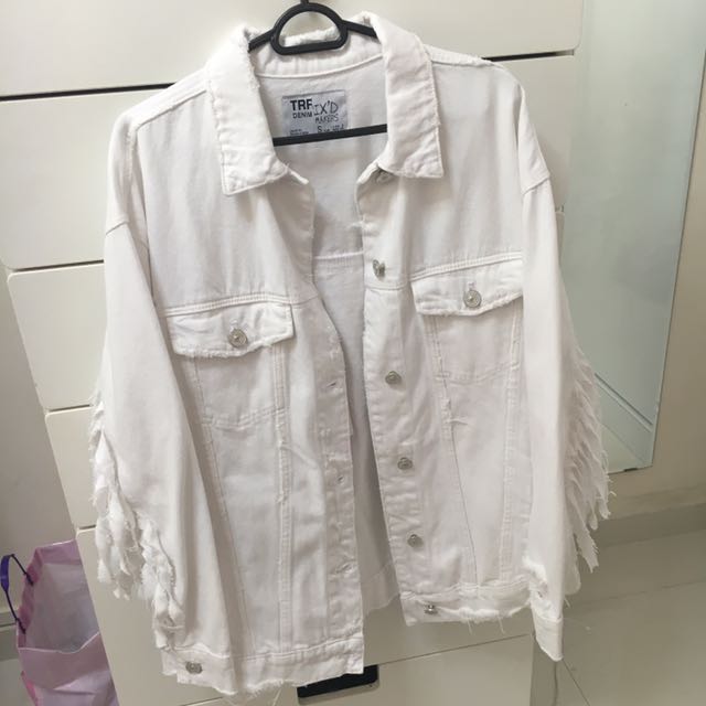 Zara White Fringe Denim Jacket