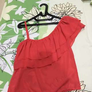 RED ONE SHOULDER RUFFLE SABRINA