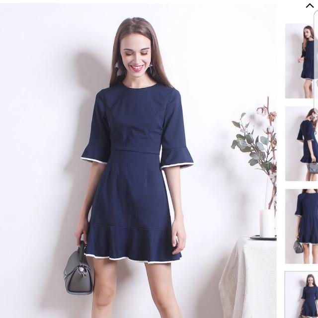 navy blue dress with white piping