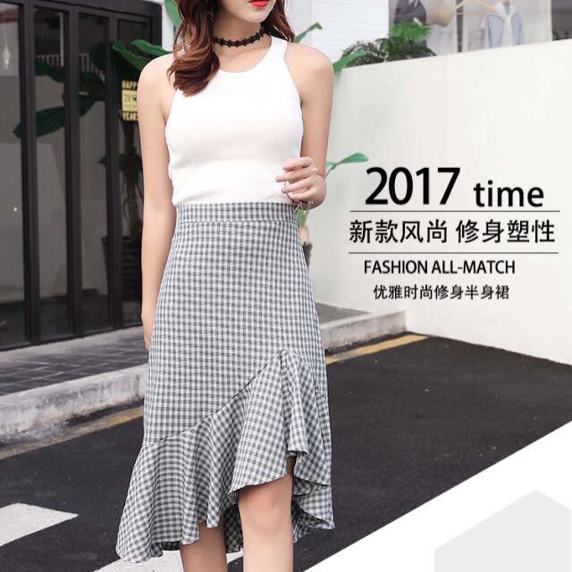 Gingham asymmetrical ruffle skirt cheap