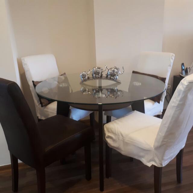 Round Glass Dining Table And 4 High Back Chairs In Distressed Leather With A Set Of Removable Washable Cream Covers Furniture Tables On Carou - Glass Dining Room Table With Cream Chairs Round Glass Dining Table And 4 High Back Chairs In Distressed Leather With A Set Of Removable Washable Cream Covers Furniture Tables On Carou - Glass Dining Room Table With Cream Chairs