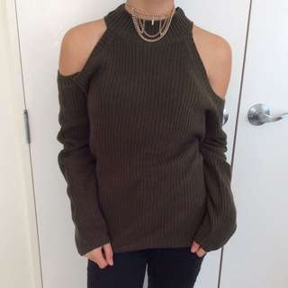 Army Green Cold Shoulder Knit Sweater