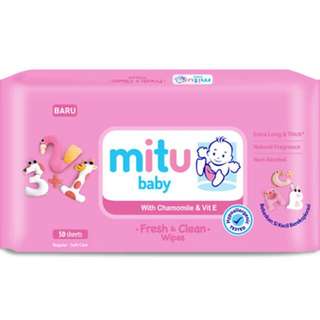 NEW Mitu Baby 
Baby Wipes (50/Pack)
Soft Care - Fresh & Clean Wipes
Safe & Hygiene For Babies Multi Usage & Water Subtitute For Cleaning
- Chamomile & Vit E
- Chrysanthemum & Vit E

XTRA LONG & THICK
HYPOALLERGENIC TESTED
NON-ALCOHOL
NATURAL FRAGRANCE