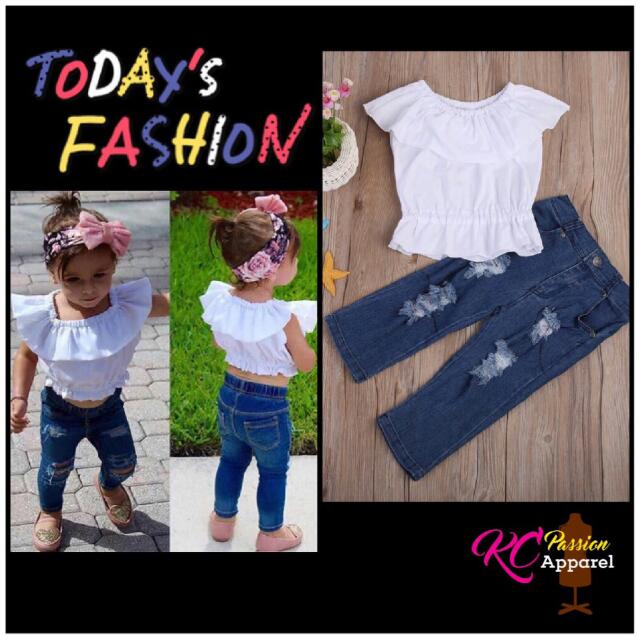Toddler Kids Baby Girls Crop Top T-shirt Ripped Jeans Pants Clothes Outfits