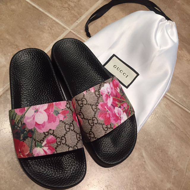 Gucci Pink Floral Slides Size 7 Women s Fashion Shoes on Carousell