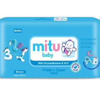 NEW Mitu Baby 
Baby Wipes (50/Pack)
Soft Care - Fresh & Clean Wipes
Safe & Hygiene For Babies Multi Usage & Water Subtitute For Cleaning
- Chamomile & Vit E
- Chrysanthemum & Vit E

XTRA LONG & THICK
HYPOALLERGENIC TESTED
NON-ALCOHOL
NATURAL FRAGRANCE