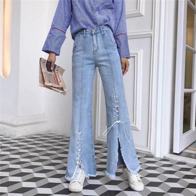 Lace up bell bottom jeans online