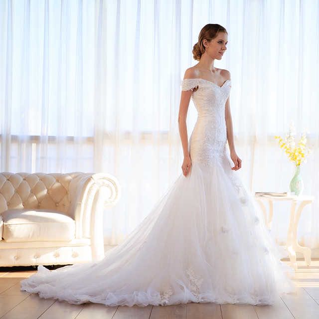 White Off Shoulder Lace Mermaid Flare Wedding Gown Dress With