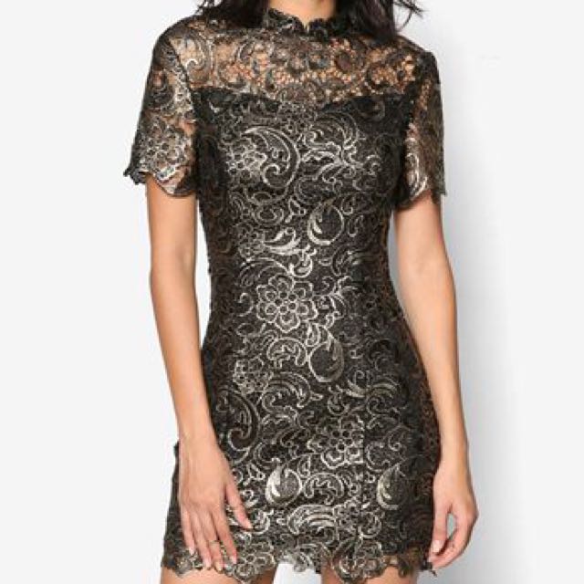 Zalora Gold Lace Bodycon Dress Women s Fashion Dresses Sets Dresses on Carousell