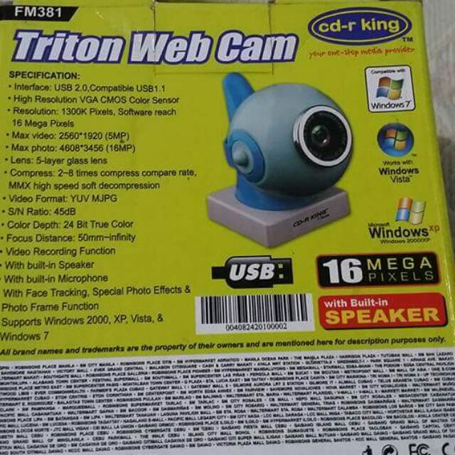 Webcam with built-in speaker (Category: Soundbars, Speakers & Amplifiers) located in Quezon City. Submitted by evankristia.1 (Listing ID 120776254, Image 3). Description: 16 megapixels Triton webcam with built-in speaker. (just look on the pic specifications) I think 5 beses Lang nagamit to kc ung old laptop ko walang camera kaya lang ako bumili neto..