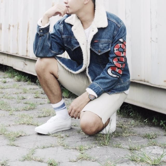 embroidered denim jacket with shearling