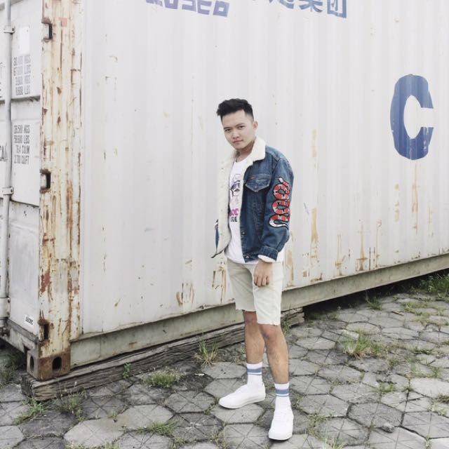 embroidered denim jacket with shearling