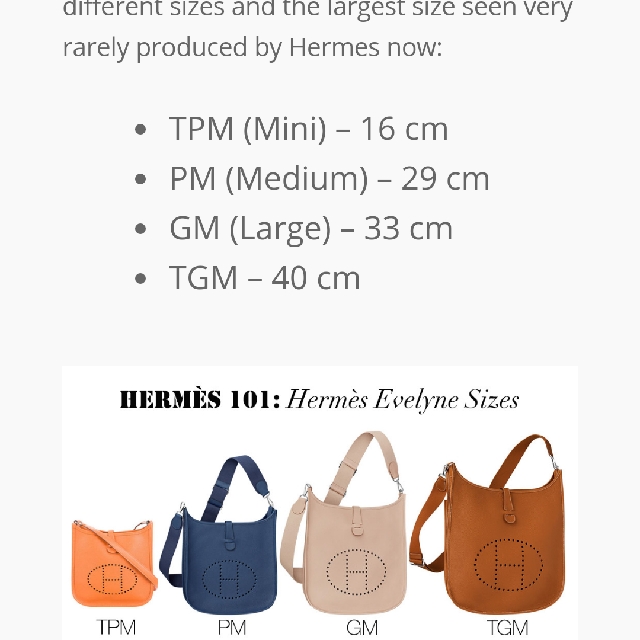 price hermes evelyne sizes