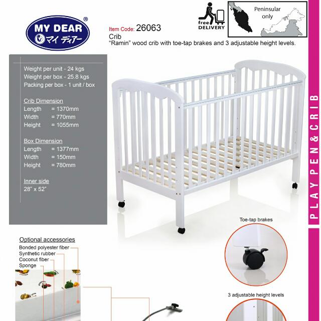 Lightly Used Baby Crib With Free Fitted Mattress By Mydear Brand