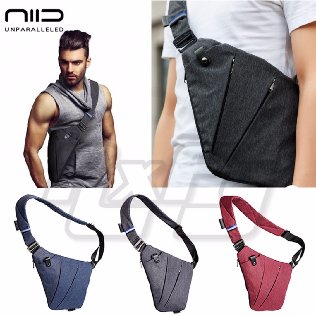 NIID-FINO *GRAY / RED / BLUE* Premium Sling Shoulder Crossbody Chest Holster Bag Pack Anti Theft ...
