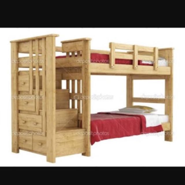 double deck bed with cabinet