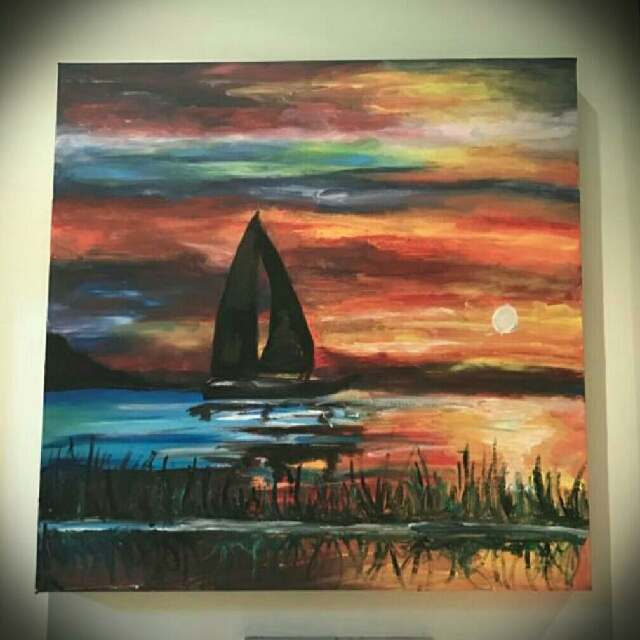Landscape Background Sunset With Yatch Acrylic Painting Canvas