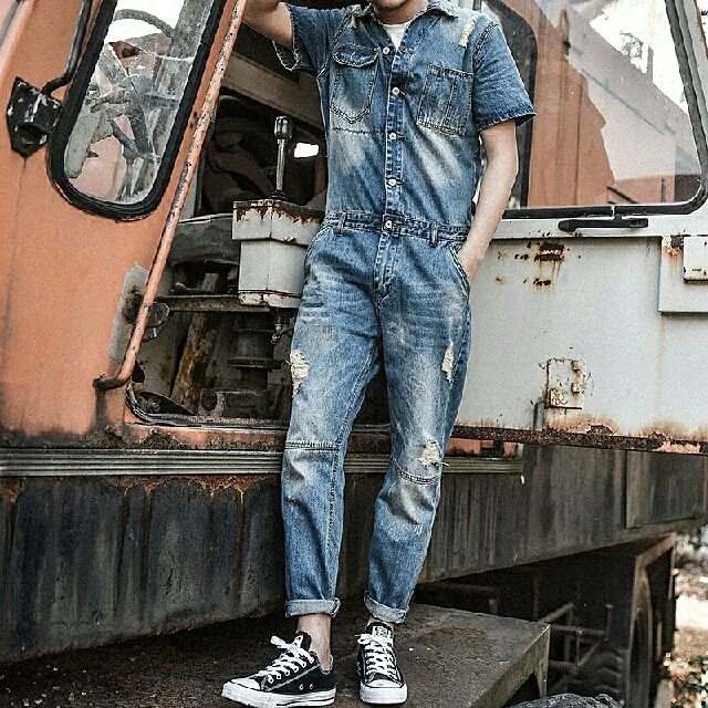 Men s overall suspender Long Pant Short Sleeve Denim Jean