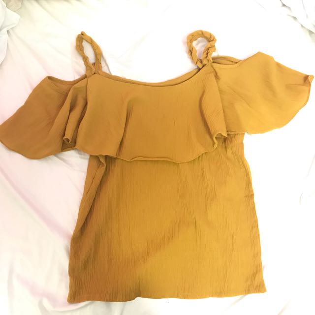 mustard yellow cold shoulder top