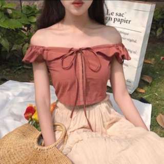 INSTOCK: Red Bean Muted Dusty Dull Off The Cold Shoulder Crop Korean Style Ulzzang  Flutter Frilly Flutter Butterfly Knot Ribbon Tie Minimalist Boho Lace Top