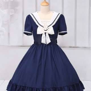 [NOW 50% OFF, must sell] Sweet Lolita Marine Blue Sailor Dress Dark Blue Grey Bow Ruffles Cute XL