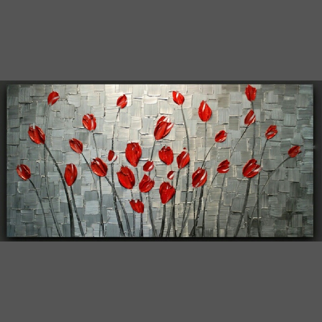 Original Abstract Contemporary Heavy Texture Silver Red Tulips