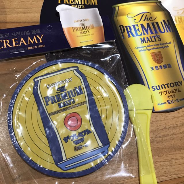 suntory三得利the premium malts 啤酒罐造型杯垫 夏日凉扇