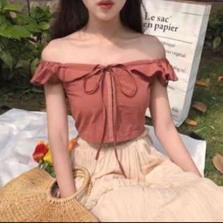 INSTOCK: Red Bean Muted Dusty Dull Off The Cold Shoulder Crop Flutter Frilly Flutter Ribbon Lace Tie Korean Style Ulzzang Top