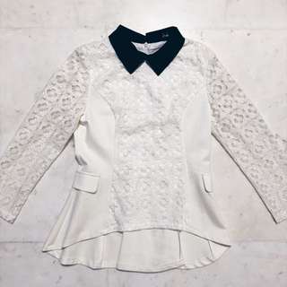 White lace peplum blouse with black collar