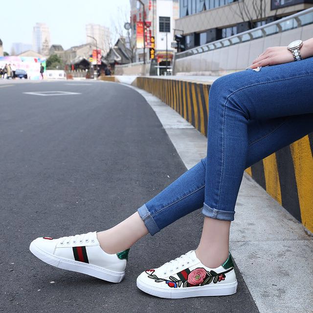 PREORDER] Gucci Inspired Rose Embroidery White Shoes, Women's Fashion,  Footwear, Sneakers on Carousell