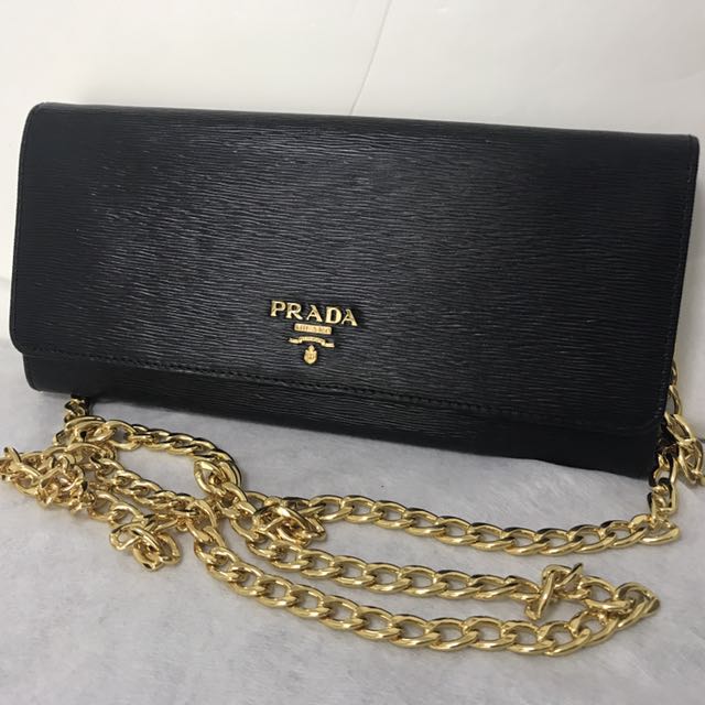 PRADA Black Vitello Move Leather Wallet on Chain WOC Bag 100% AUTHENTIC ...